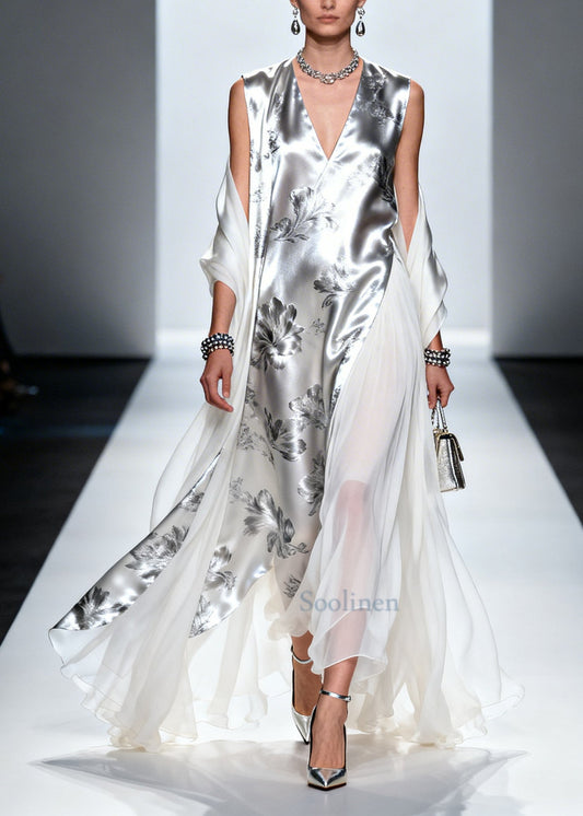 Fashion Silvery Print Patchwork Draping Silk Long Dress Summer