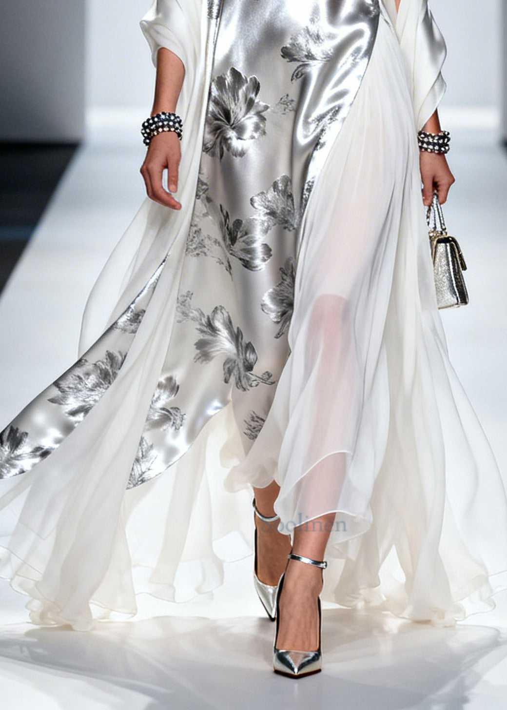 Fashion Silvery Print Patchwork Draping Silk Long Dress Summer