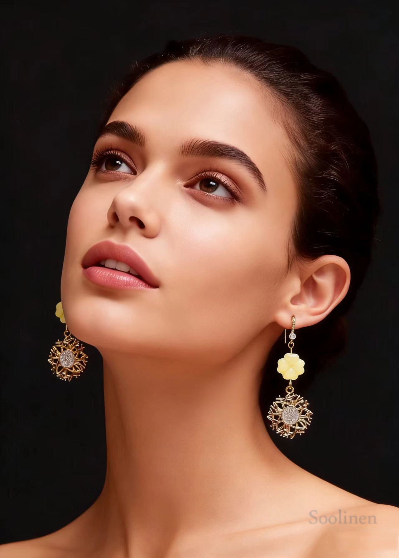 Fashion Sunflower Zircon Fine Jade Drop Earrings