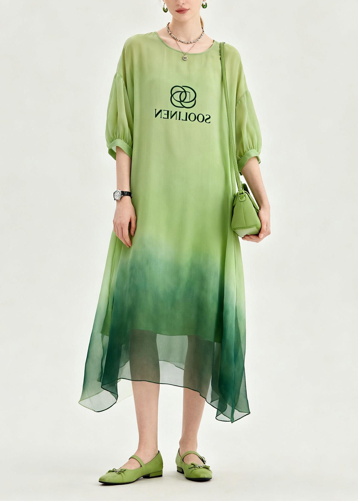 Fashion Tie Dye O Neck Print Chiffon Maxi Dresses Summer