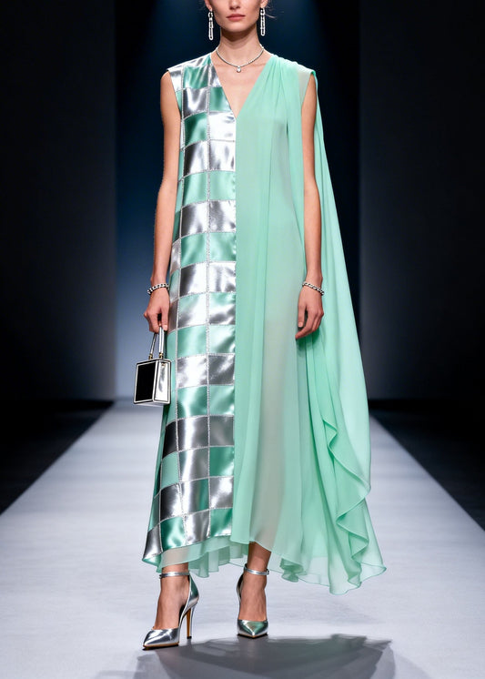 Fashion V Neck Plaid Print Chiffon Long Dress Summer