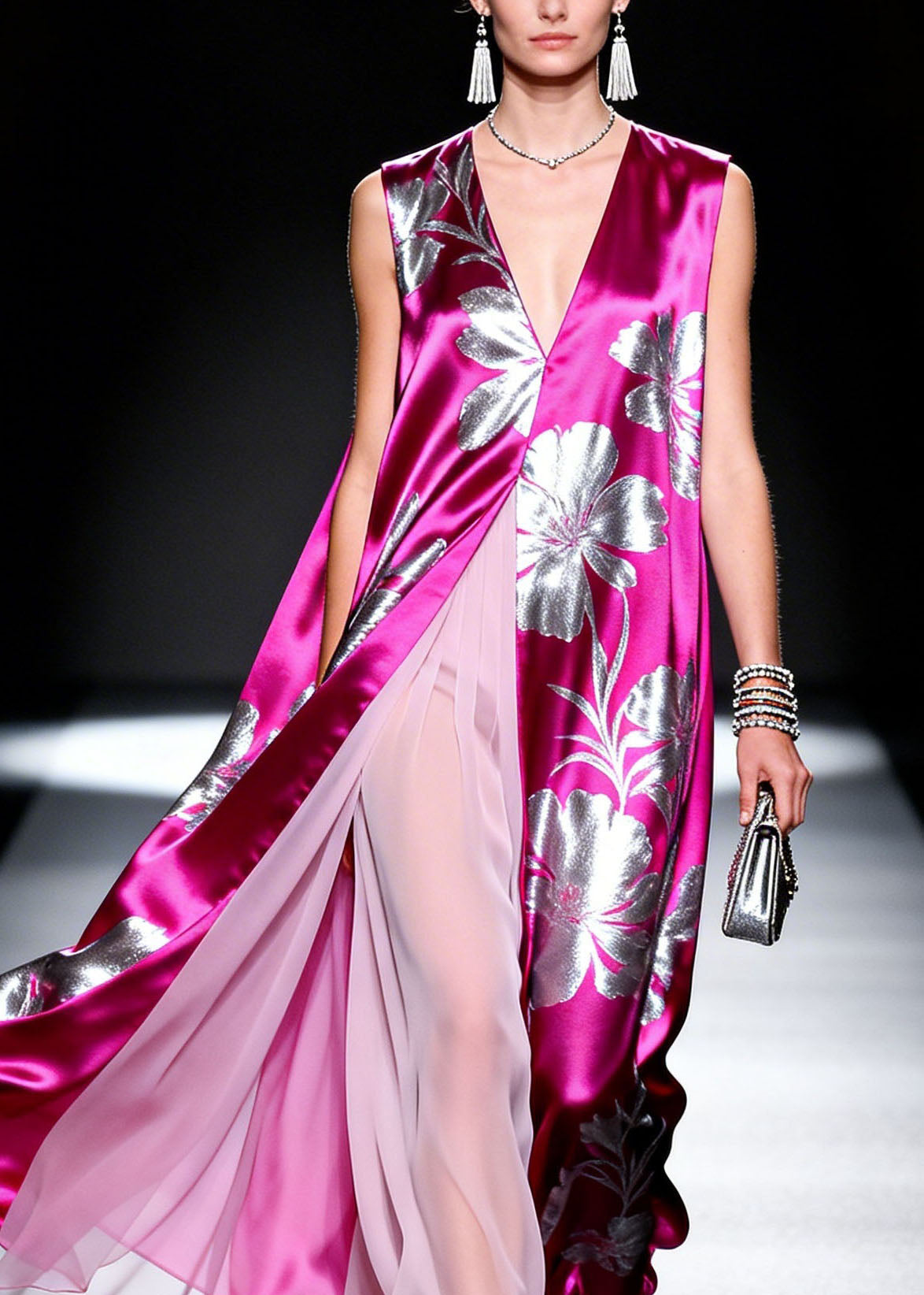 Fashion V Neck Print Patchwork Silk Dresses Sleeveless