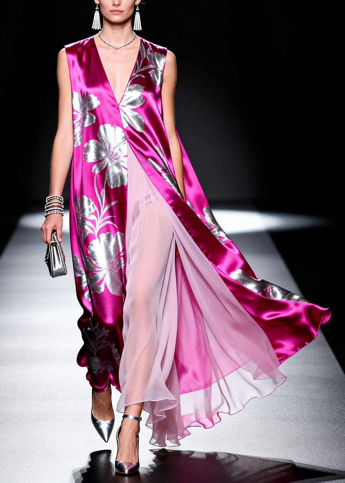 Fashion V Neck Print Patchwork Silk Dresses Sleeveless