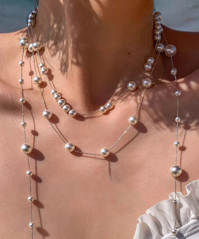 Fashion White Copper Overgild Double-Layer Pearl Lariat Necklace
