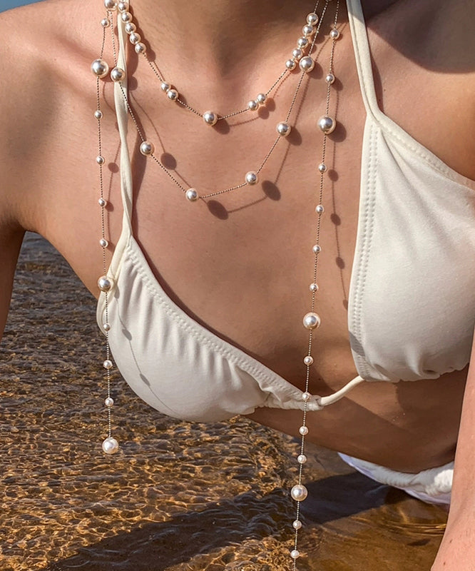 Fashion White Copper Overgild Double-Layer Pearl Lariat Necklace