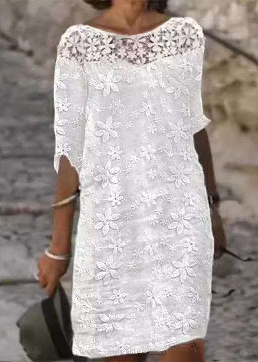 Fashion White O Neck Embroidered Patchwork Cotton Dress Summer