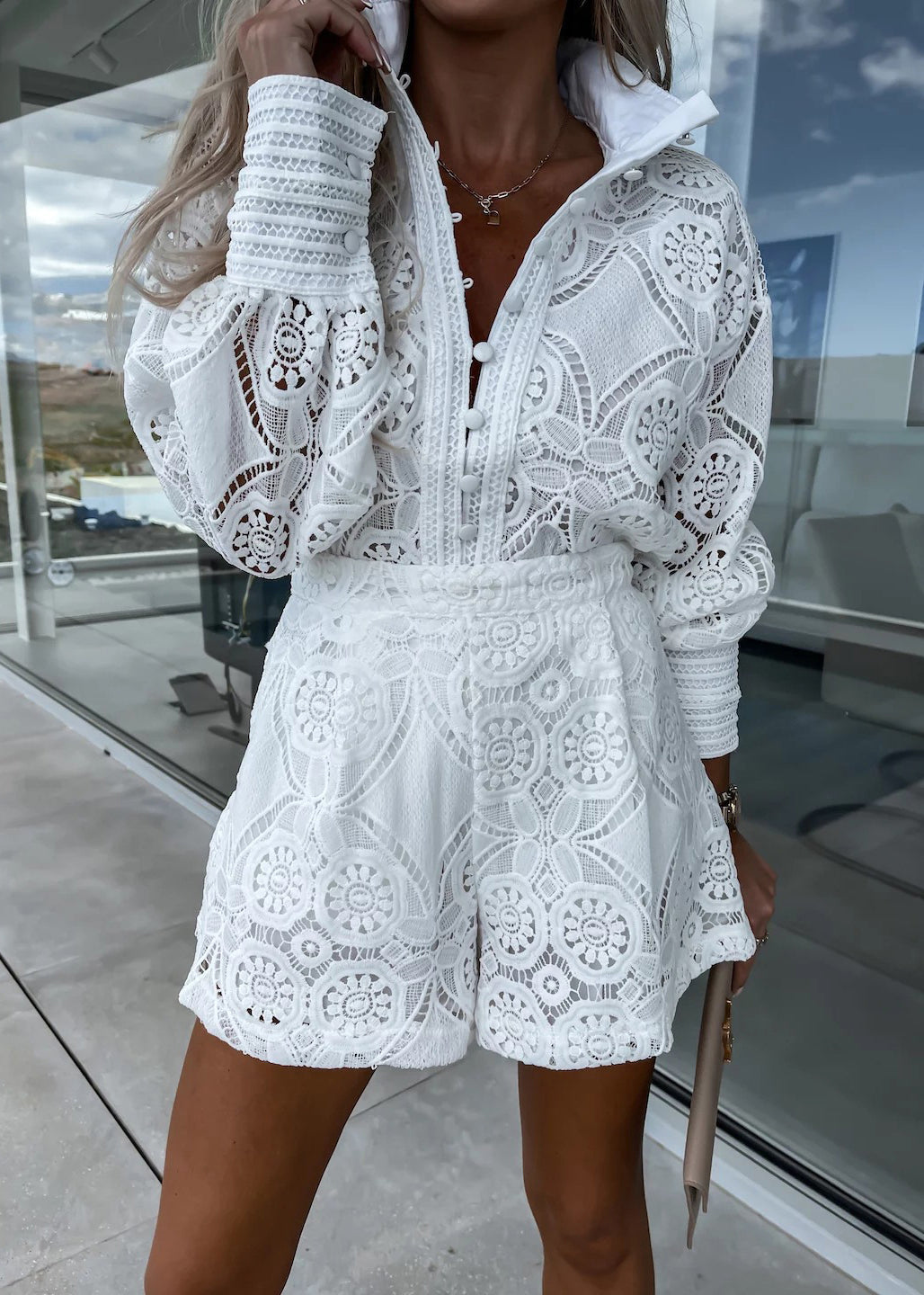 Fashion White Stand Collar Hollow Out Lace Two Pieces Set Summer