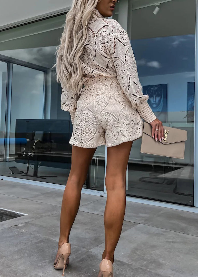 Fashion White Stand Collar Hollow Out Lace Two Pieces Set Summer