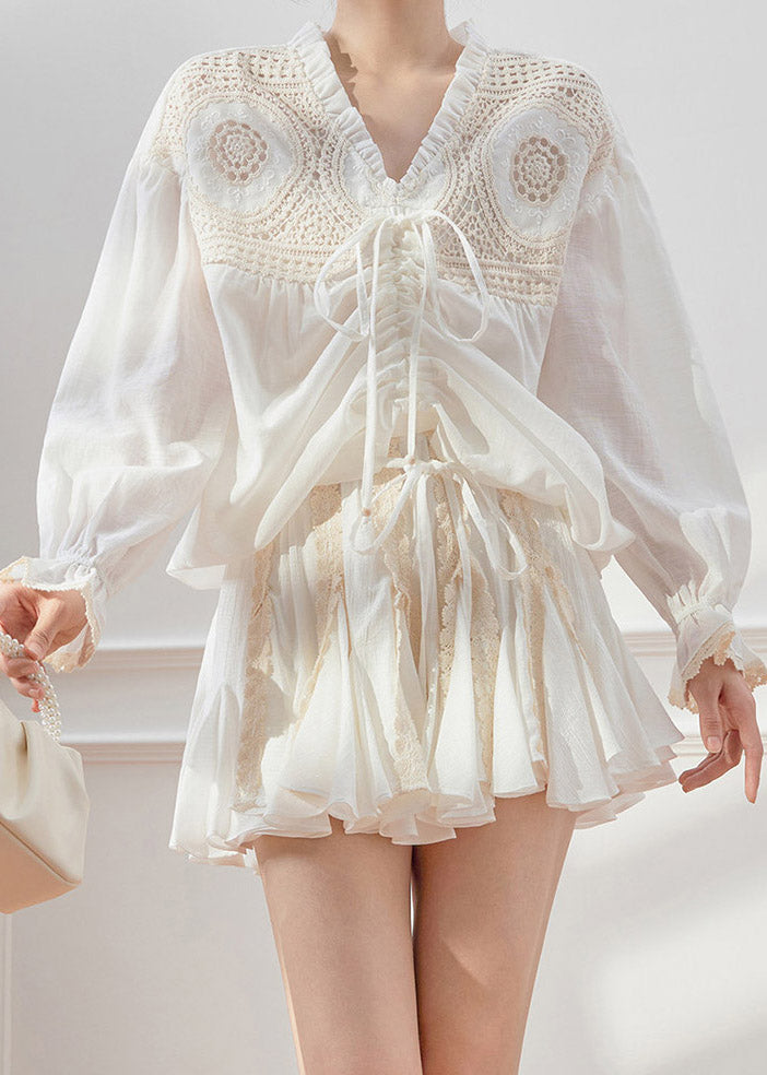 Fashion White V Neck Drawstring Shirt And Skirts Two Piece Set Spring