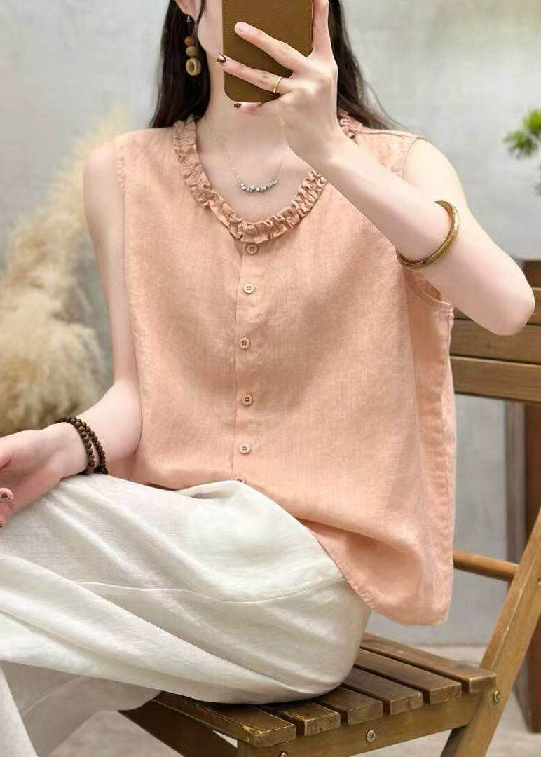 Fashion Yellow Ruffled Button Patchwork Linen Top Sleeveless
