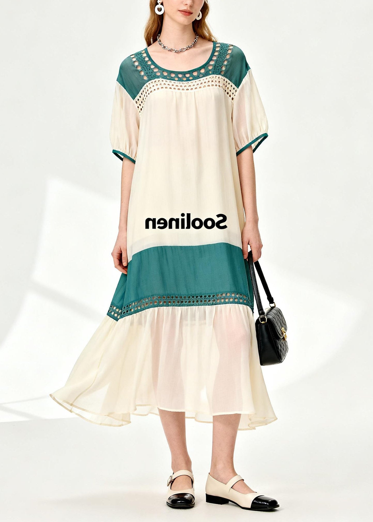 Fine Apricot Hollow Out Patchwork Chiffon Long Dress Summer