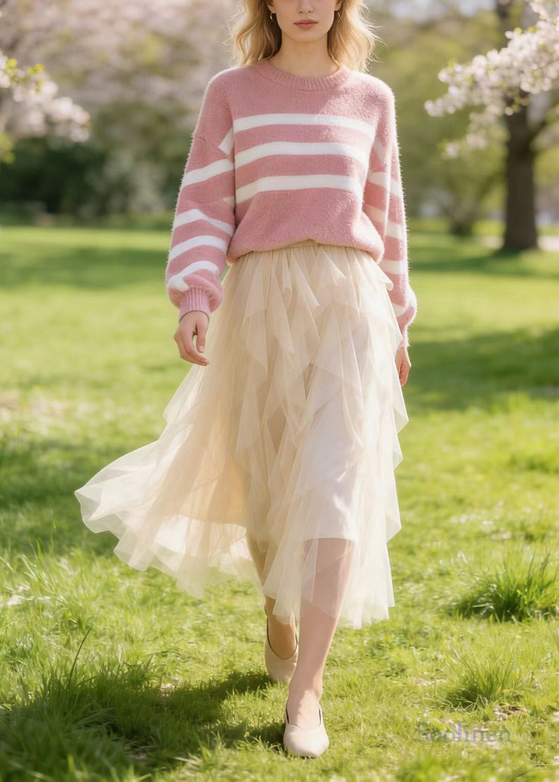 Fine Apricot Ruffles Elastic Waist Tulle Skirts Spring