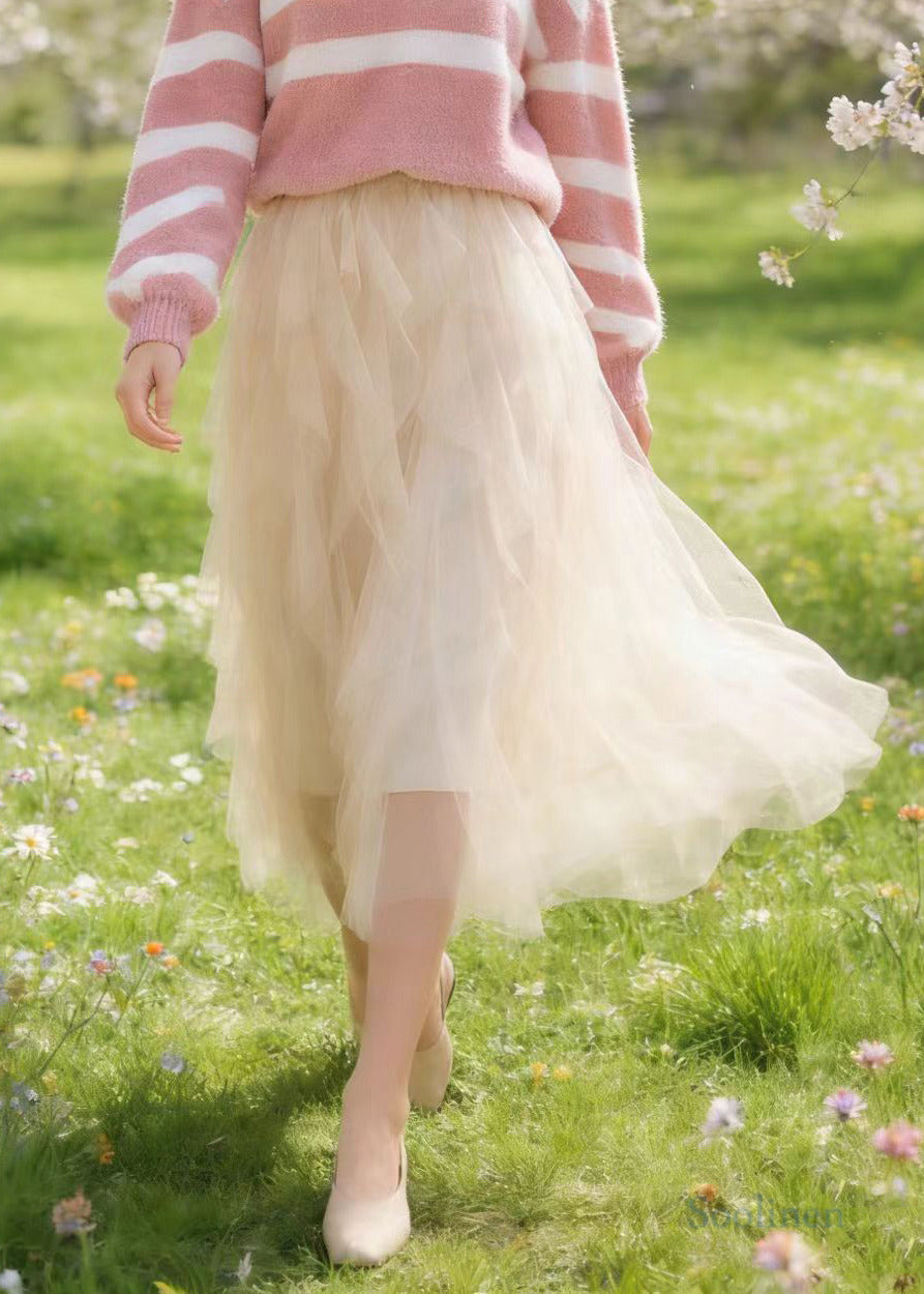 Fine Apricot Ruffles Elastic Waist Tulle Skirts Spring