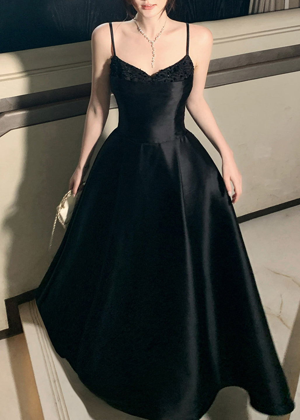 Fine Black Patchwork Flattering Solid Maxi Spaghetti Strap Dresses Summer