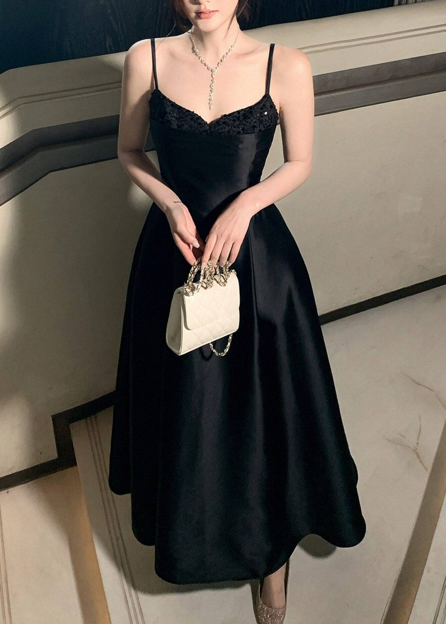 Fine Black Patchwork Flattering Solid Maxi Spaghetti Strap Dresses Summer