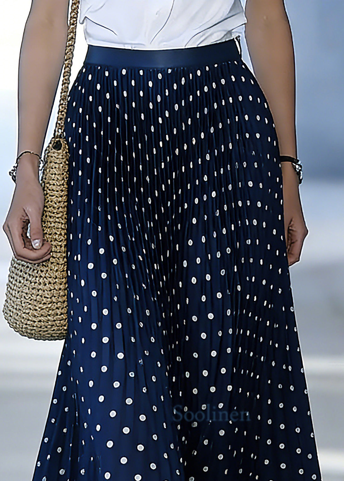 Fine Blue Elastic Waist Dot Print A Line Skirt