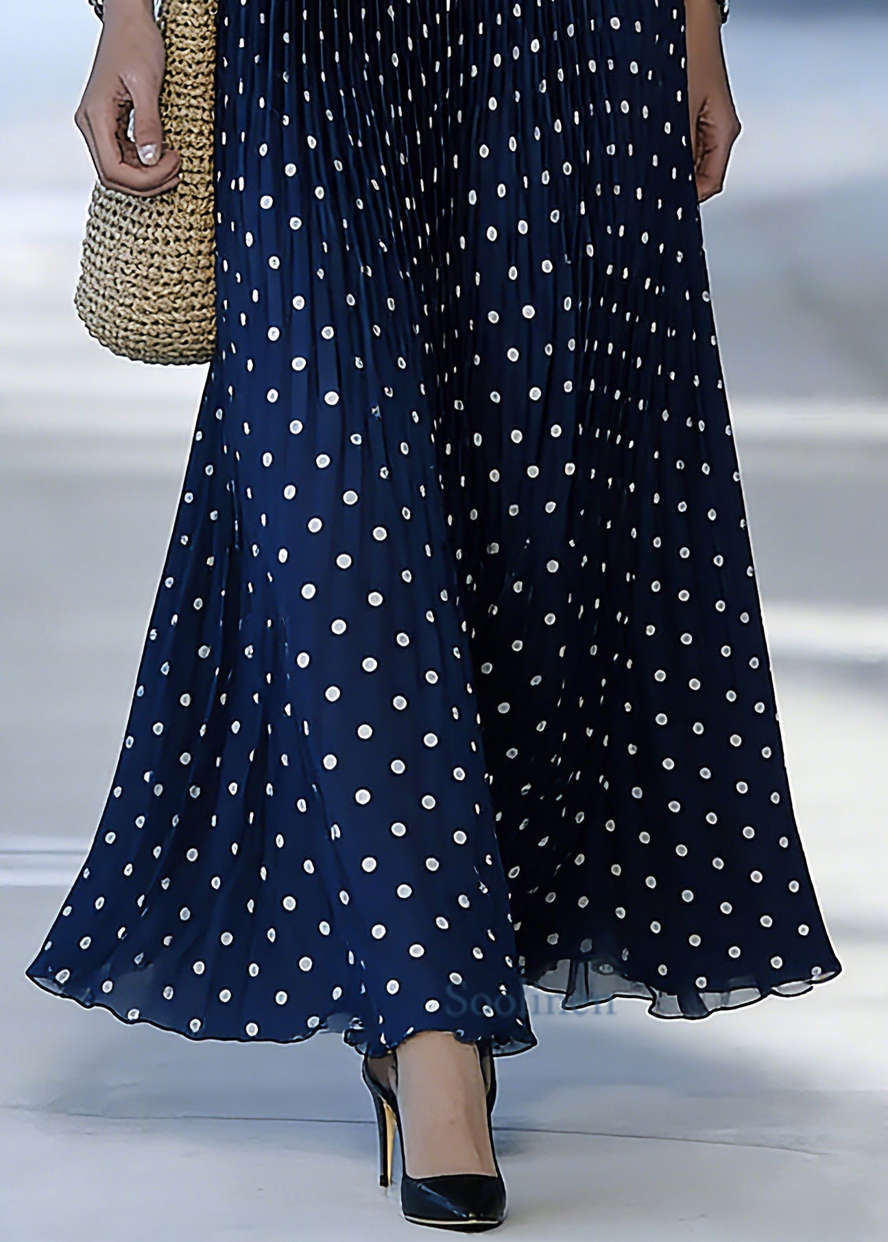 Fine Blue Elastic Waist Dot Print A Line Skirt