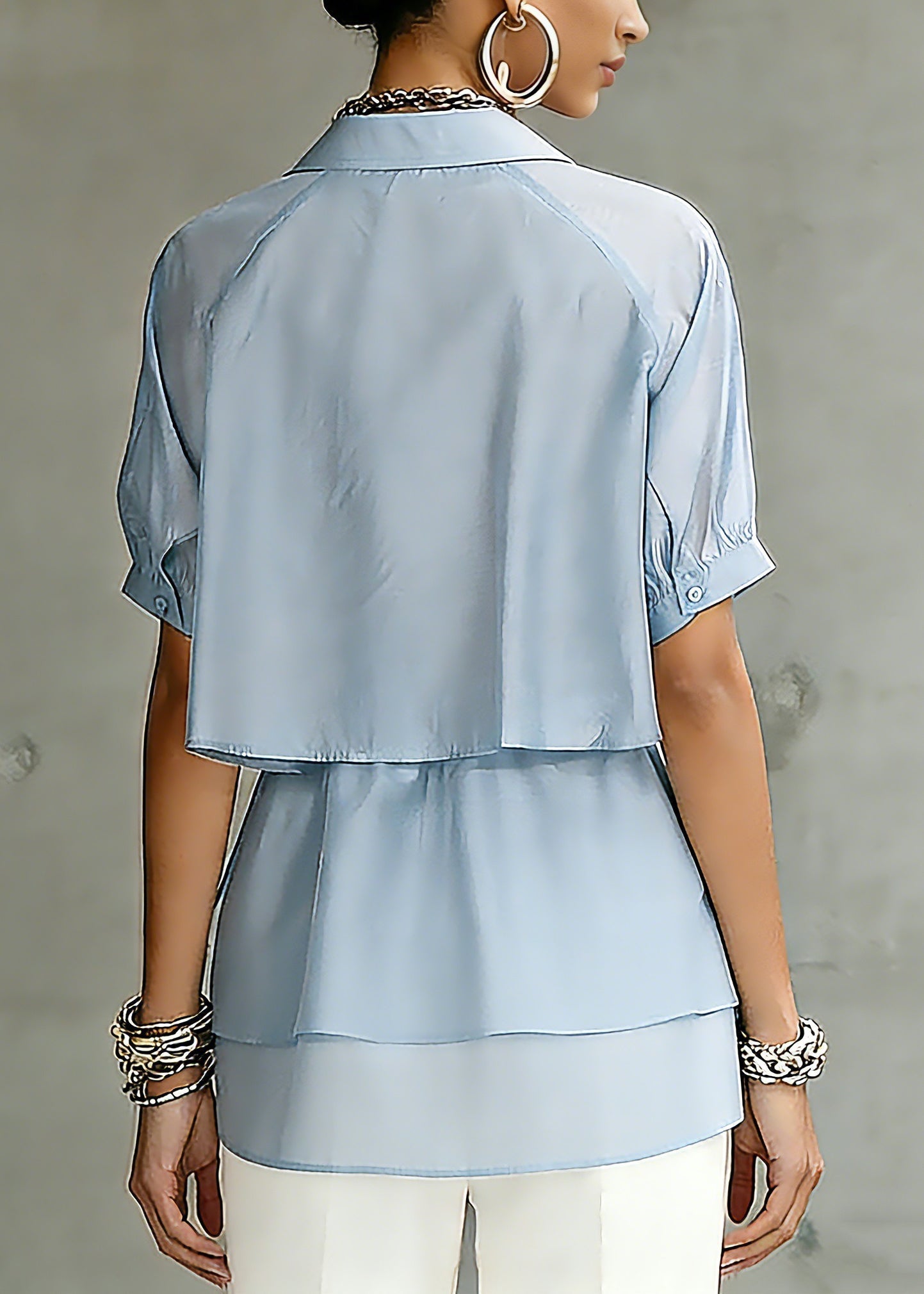 Fine Blue Peter Pan Collar Drawstring Silk Cotton Shirts Short Sleeve