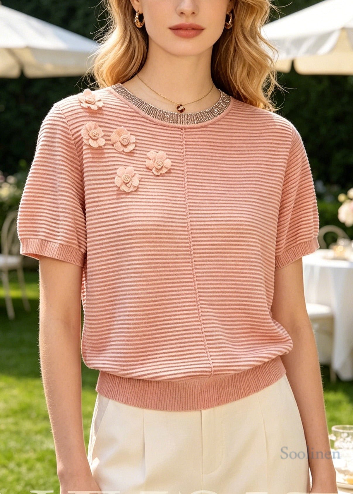 Fine Brick Red Striped Flower Knit Shirts Summer