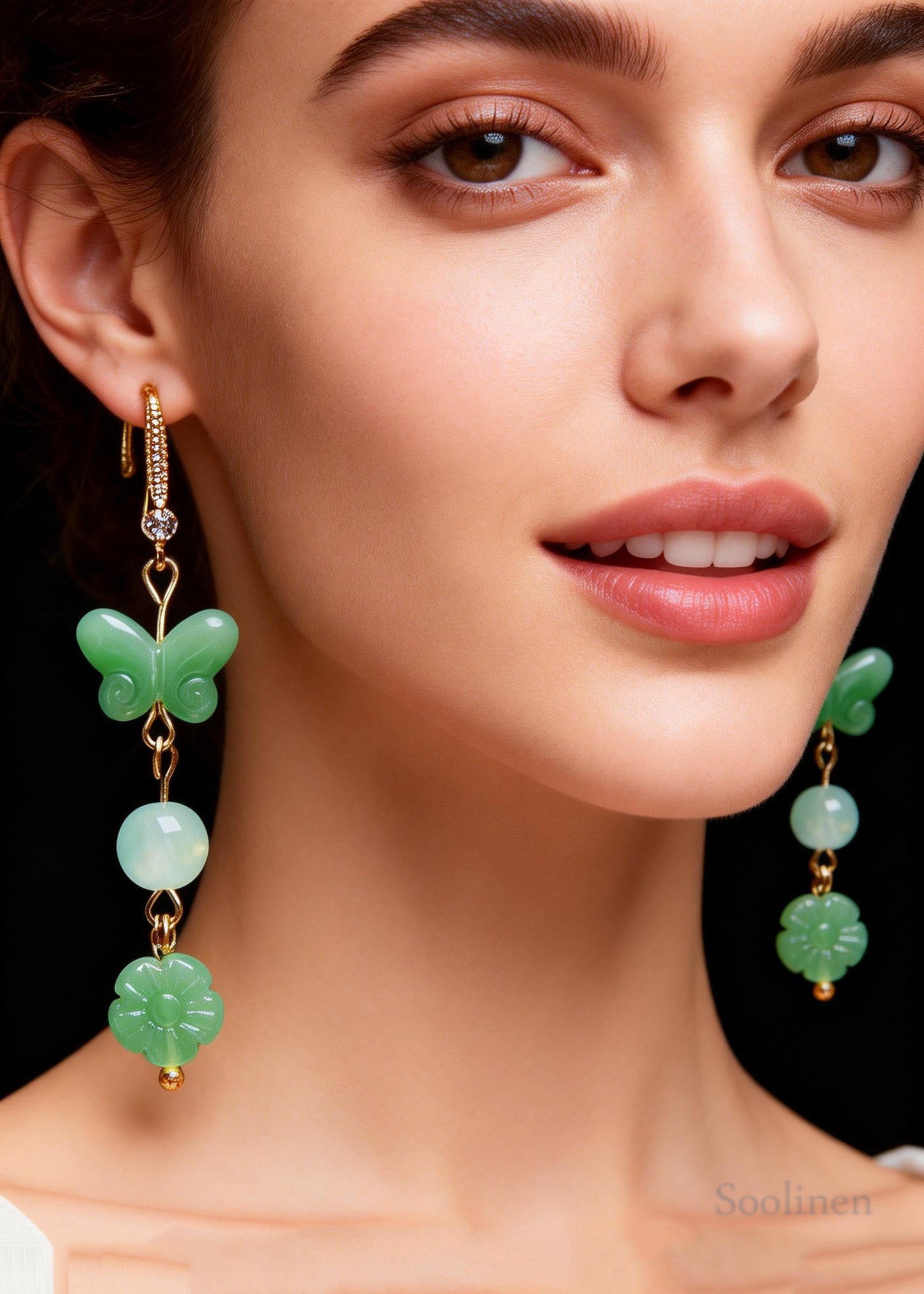Fine Butterfly Jade Zircon Long Drop Earrings