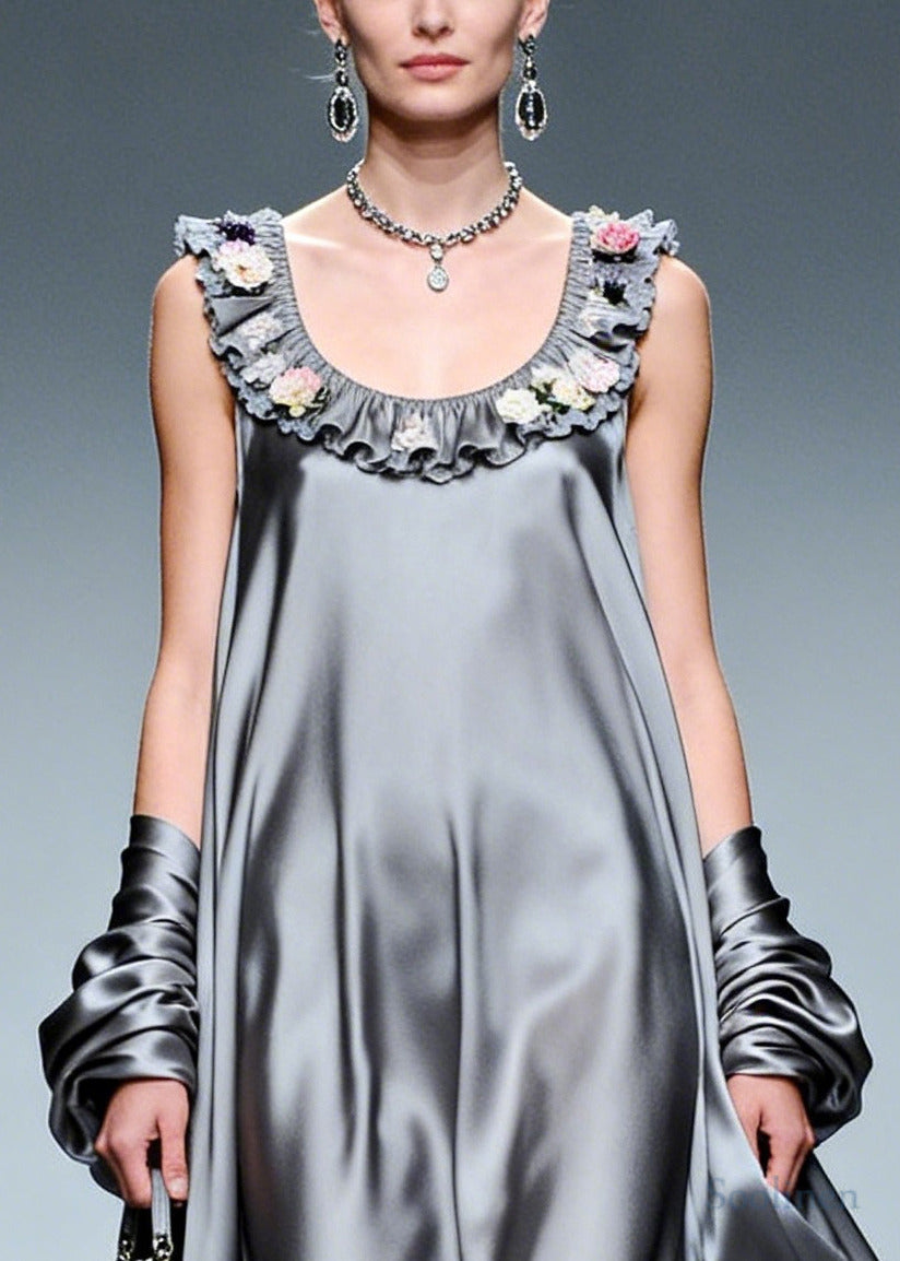 Fine Grey Ruffled Exra Large Hem Silk Party Dress Summer