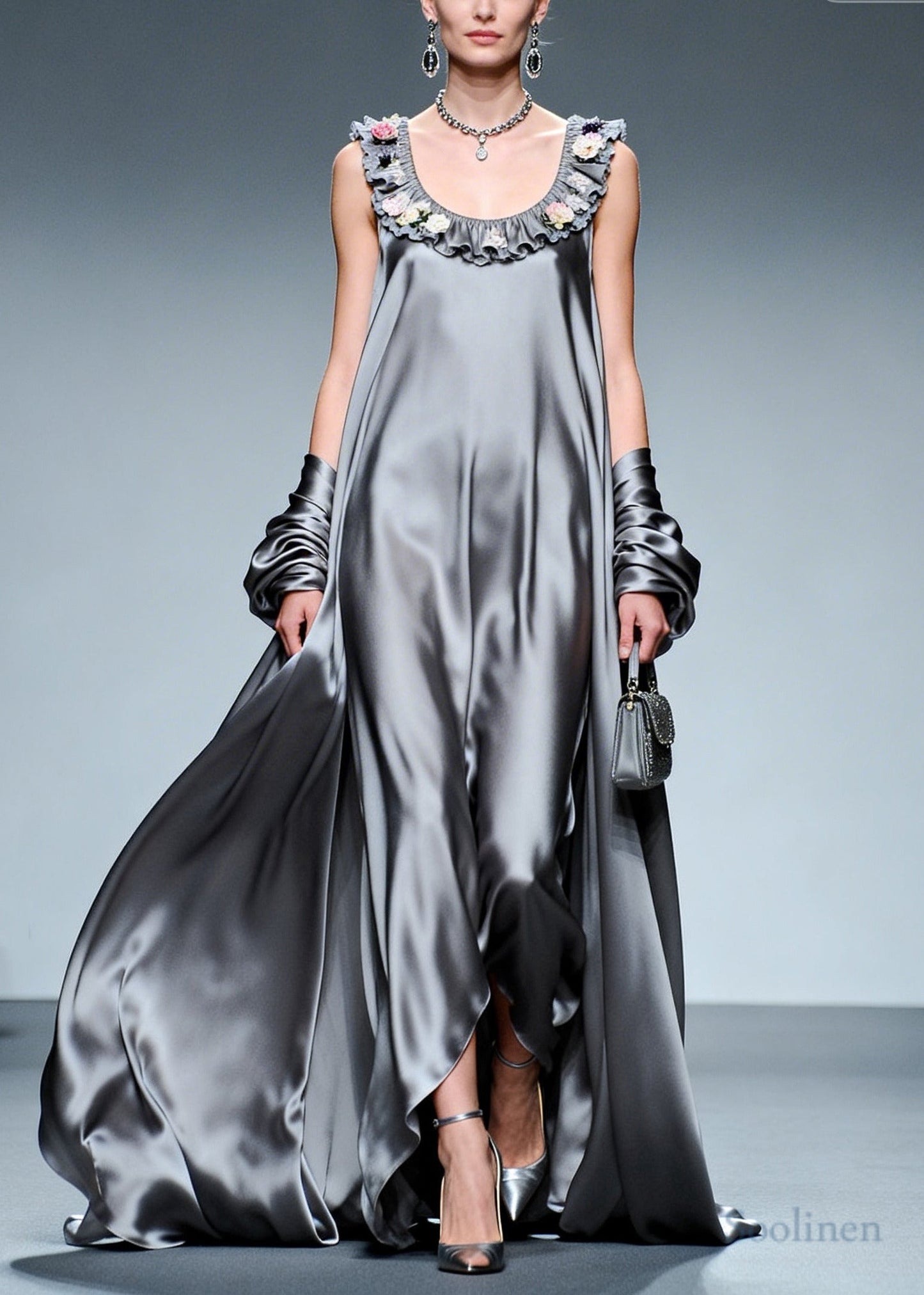 Fine Grey Ruffled Exra Large Hem Silk Party Dress Summer