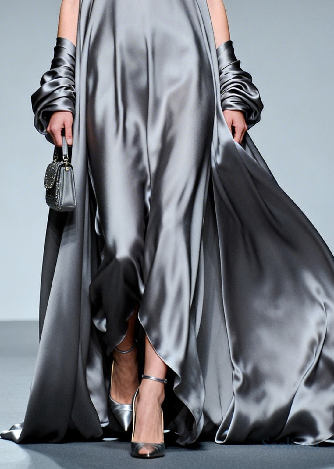 Fine Grey Ruffled Exra Large Hem Silk Party Dress Summer