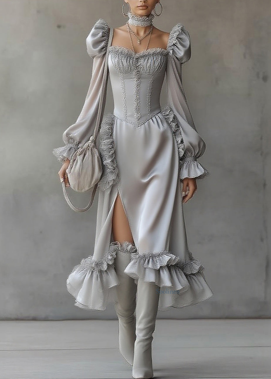 Fine Grey Ruffled Patchwork Chiffon Long Dresses Lantern Sleeve
