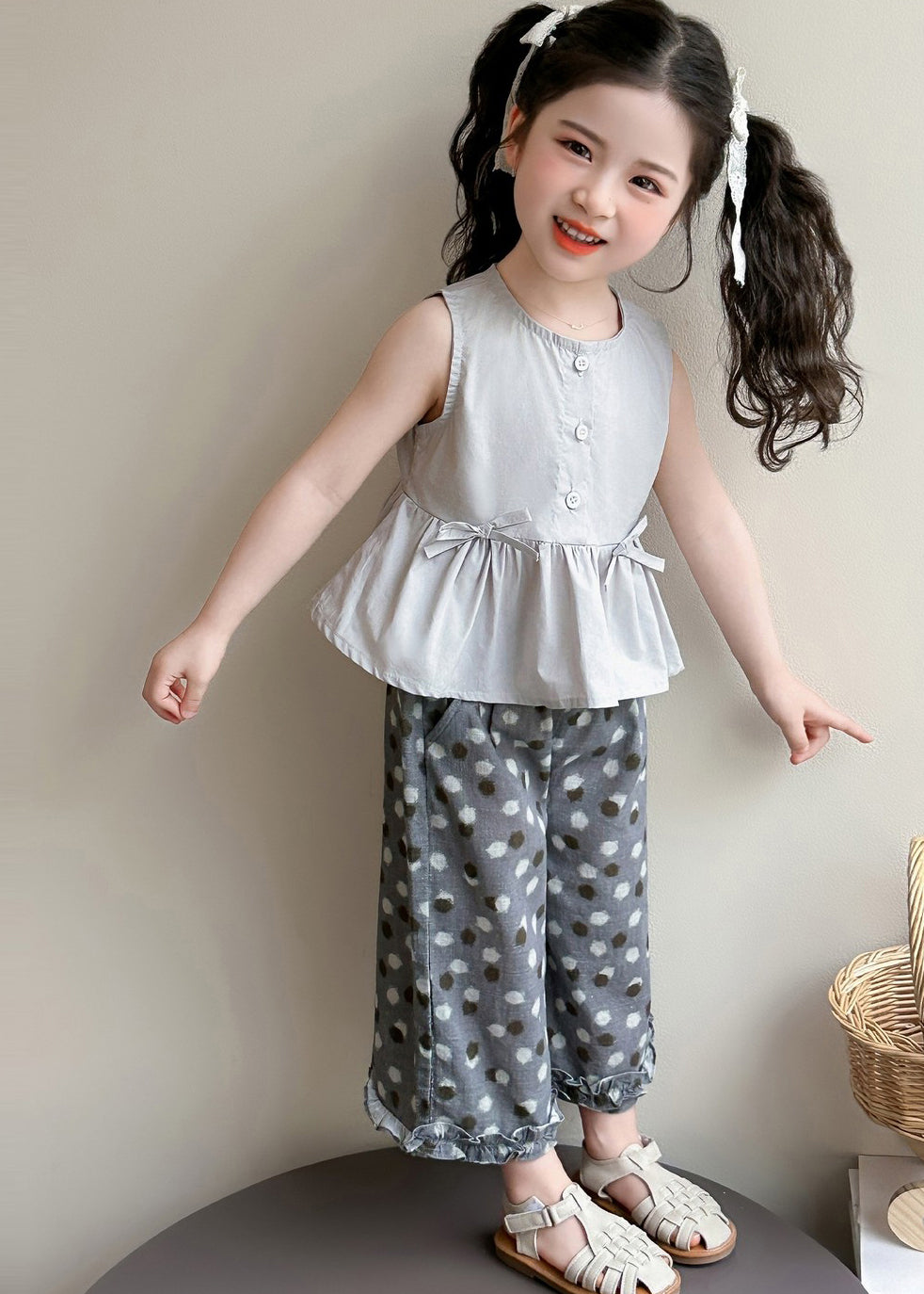 Fine Grey Ruffled Print Cotton Baby Girls Two Pieces Set Summer