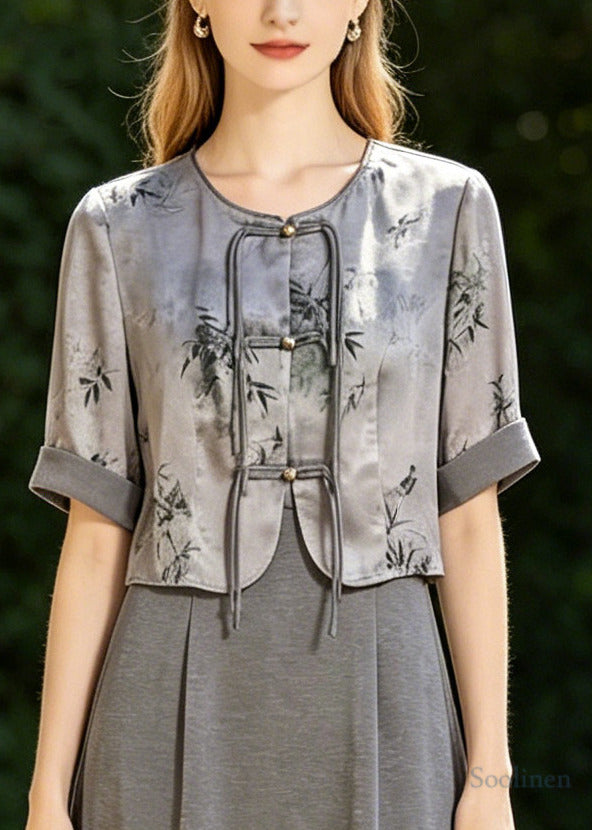 Fine Grey Tasseled Print Silk Oriental Dresses Two Piece Set Summer