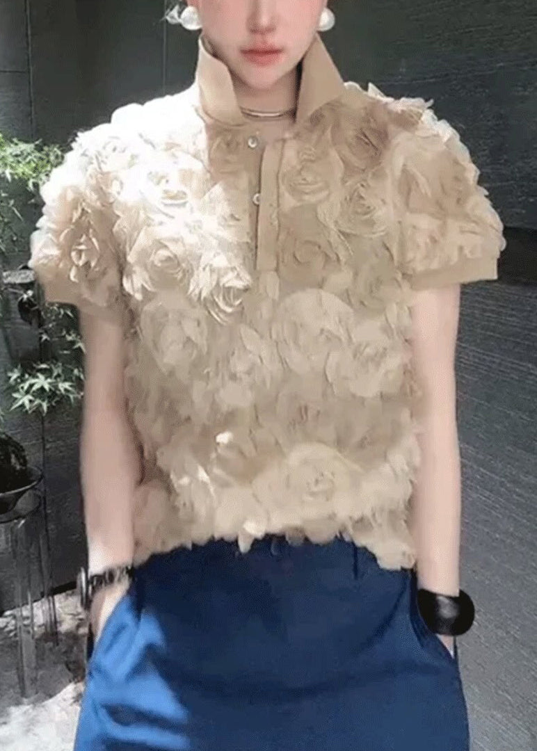 Fine Khaki Stereoscopic Floral Chiffon Tops Summer