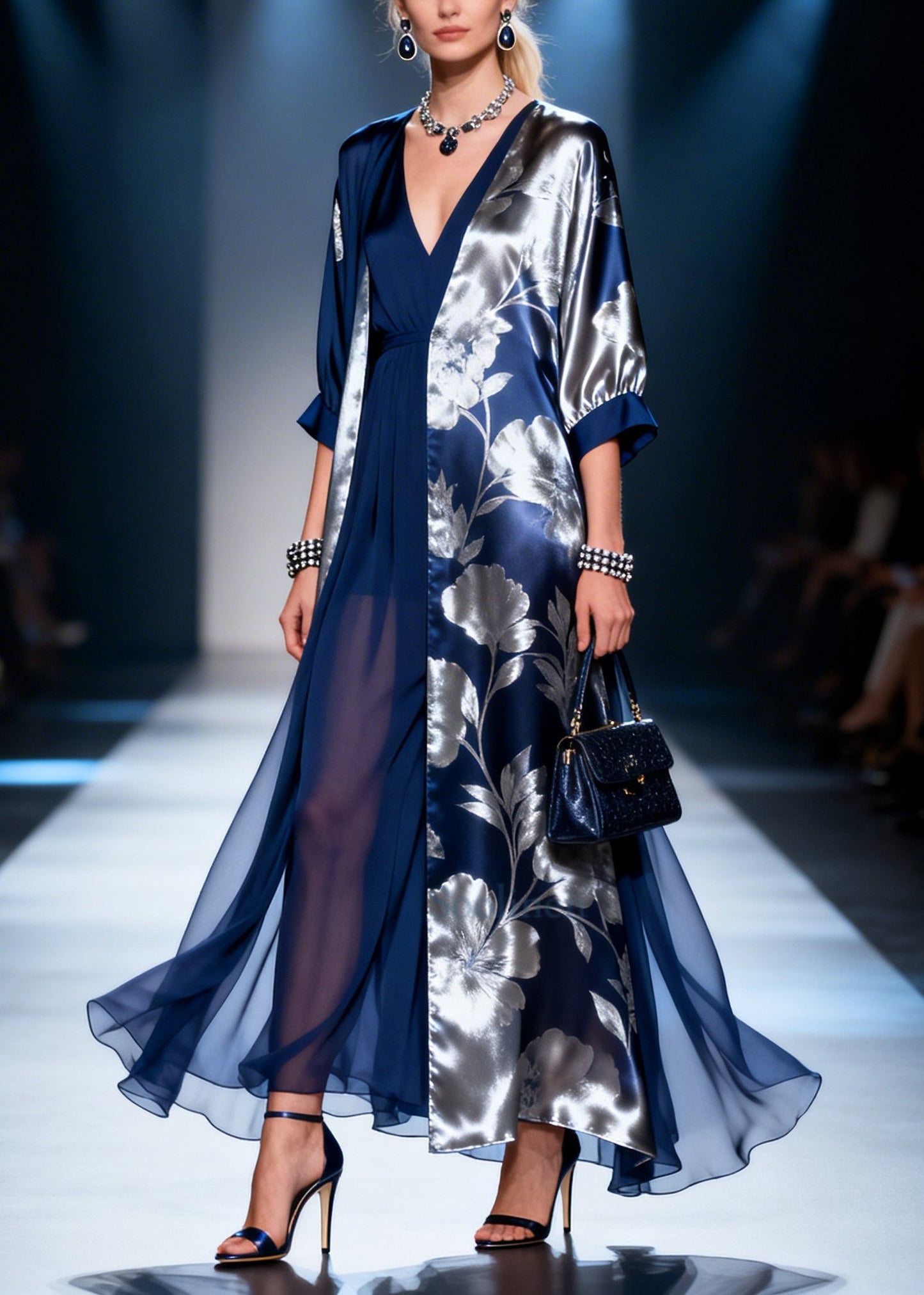 Fine Navy Asymmetrical Print Chiffon Robe Dresses Summer