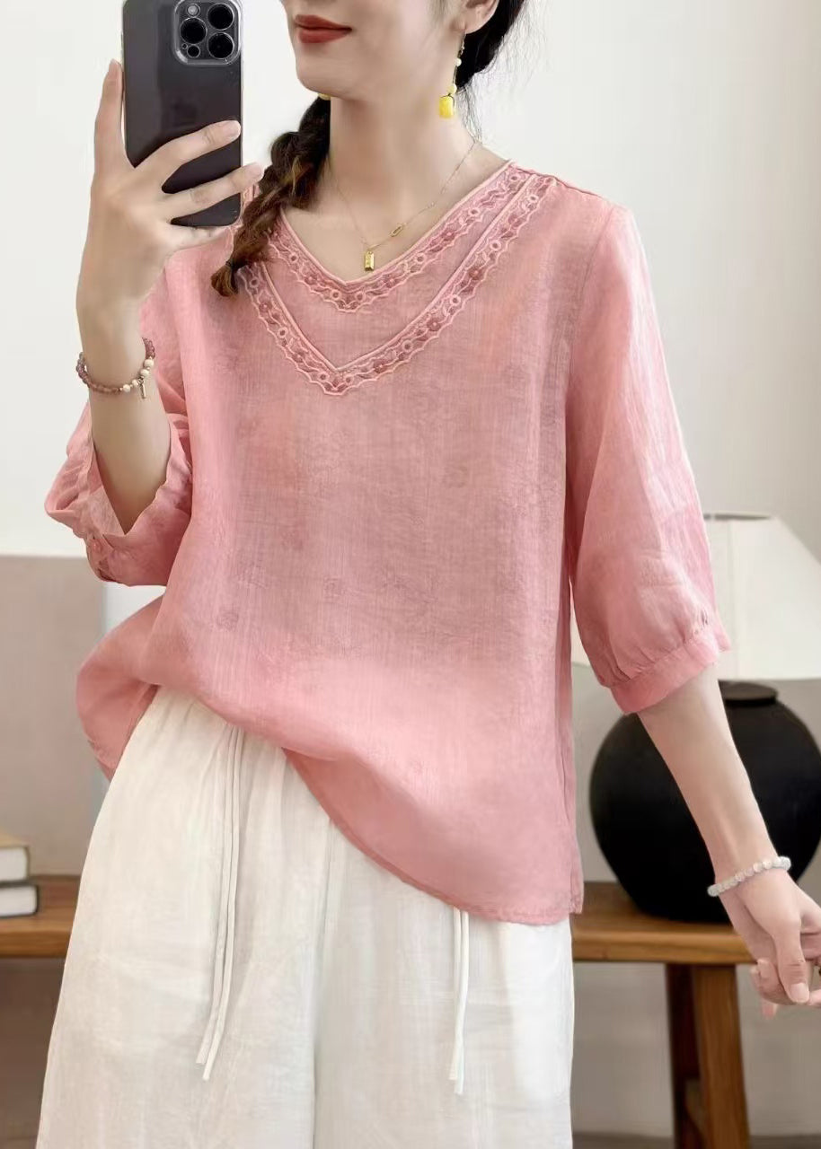 Fine Pink Double-layer Embroidered Linen Tops Summer