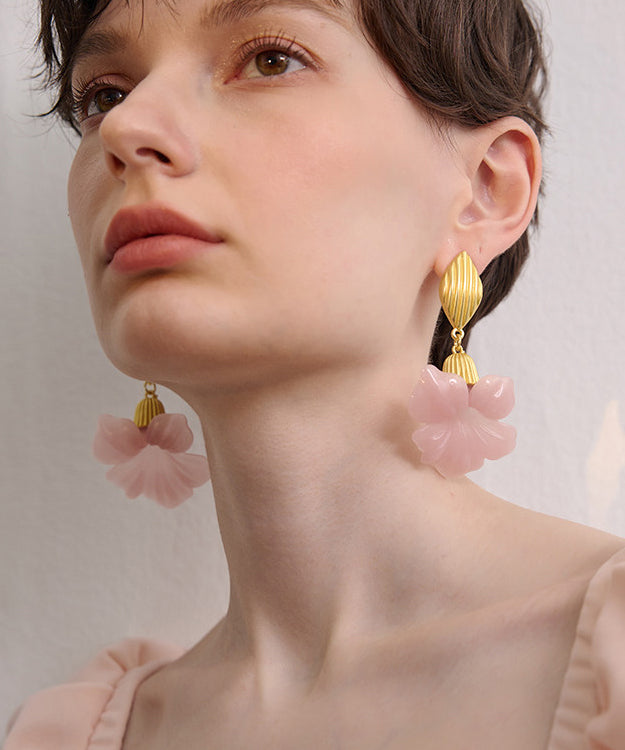 Fine Pink Floral Exaggeration Gold Plated Drop Earrings
