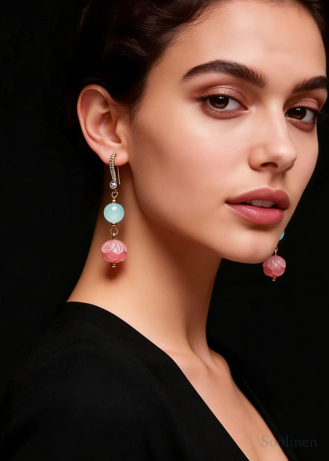 Fine Pink Flower Zircon Jade Drop Earrings