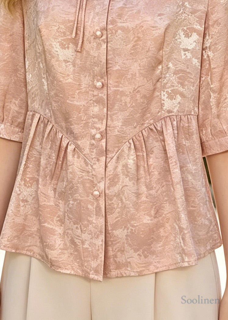 Fine Pink Mandarin Collar Jacquard Silk Top Summer