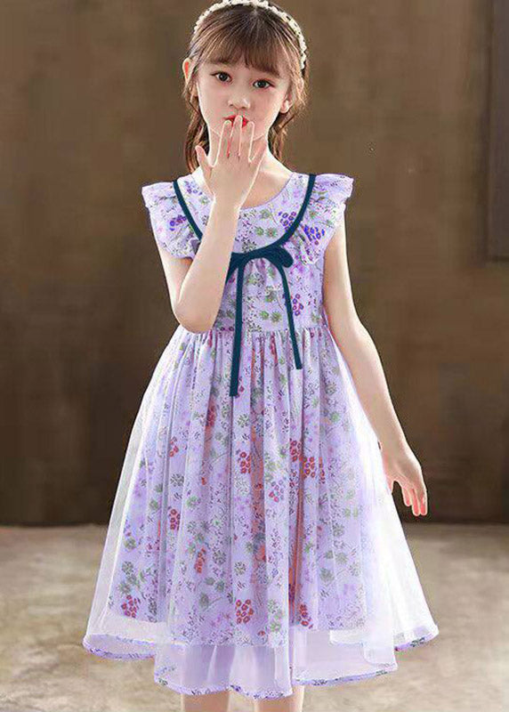 Fine Pink O-Neck Print Tulle Girls Maxi Dresses Summer