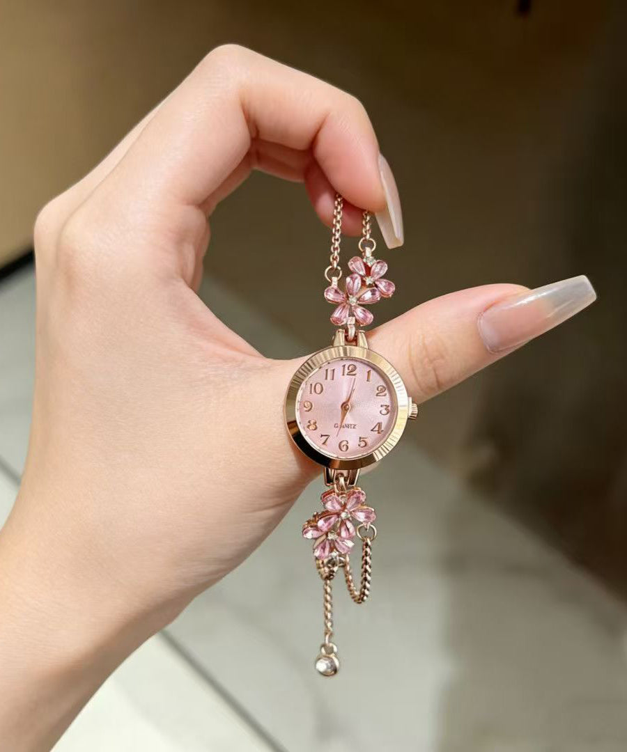 Fine Pink Stainless Steel Zircon Floral Retractable Watches