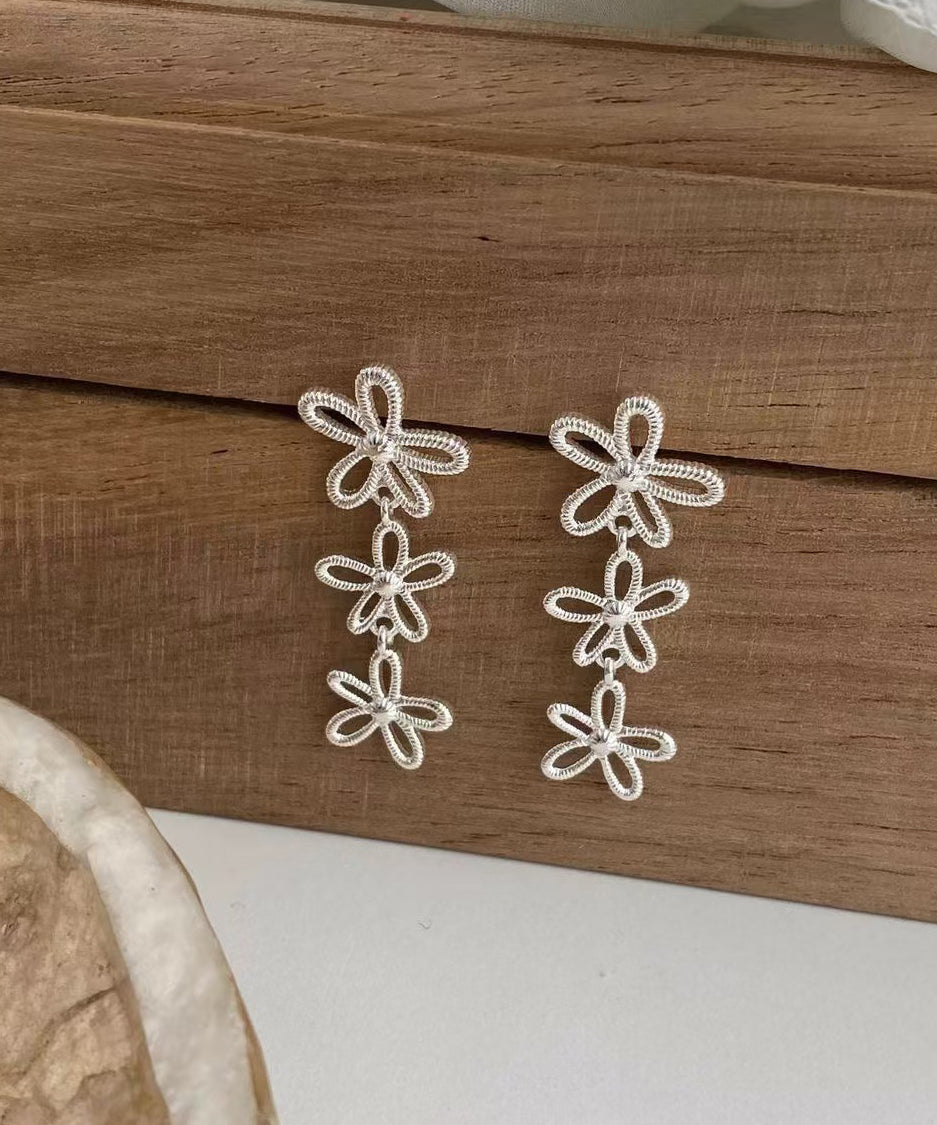 Fine Silk Copper Silver-Plated Hollow Out Floral Drop Earrings