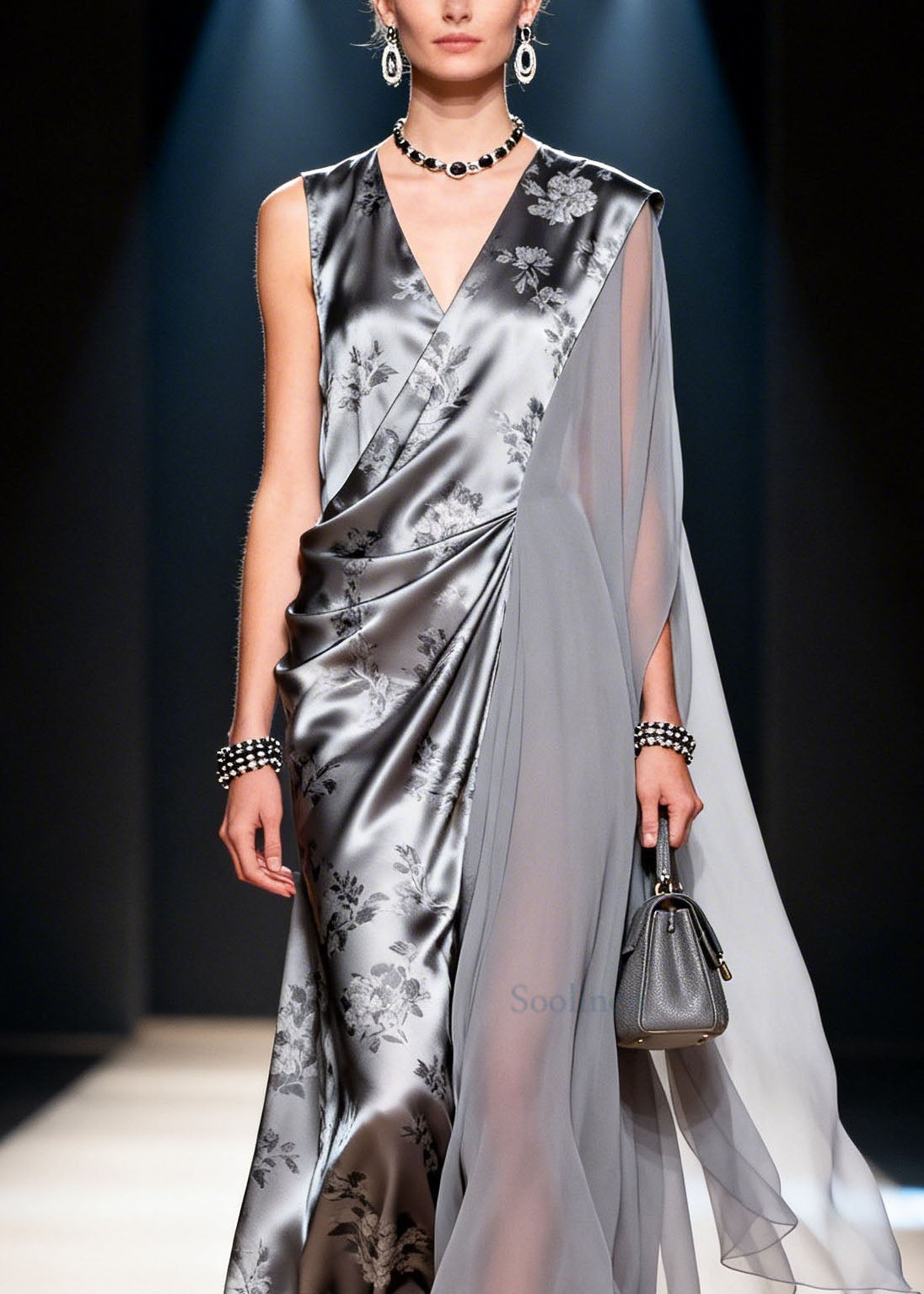 Fine V Neck Asymmetrical Design Print Patchwork Chiffon Dress Summer