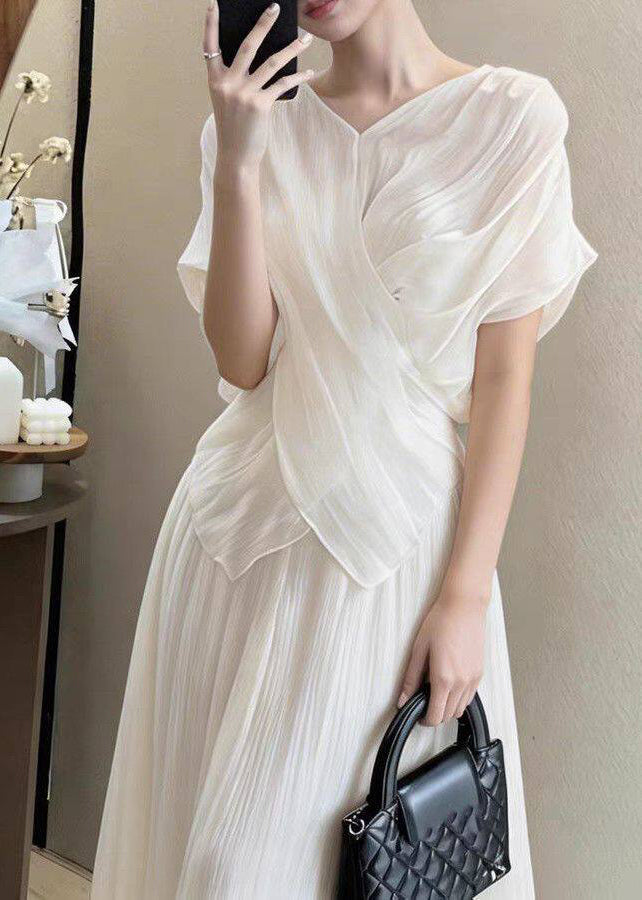 Fine White Asymmetrical Wrinkled Chiffon Two Pieces Set Summer