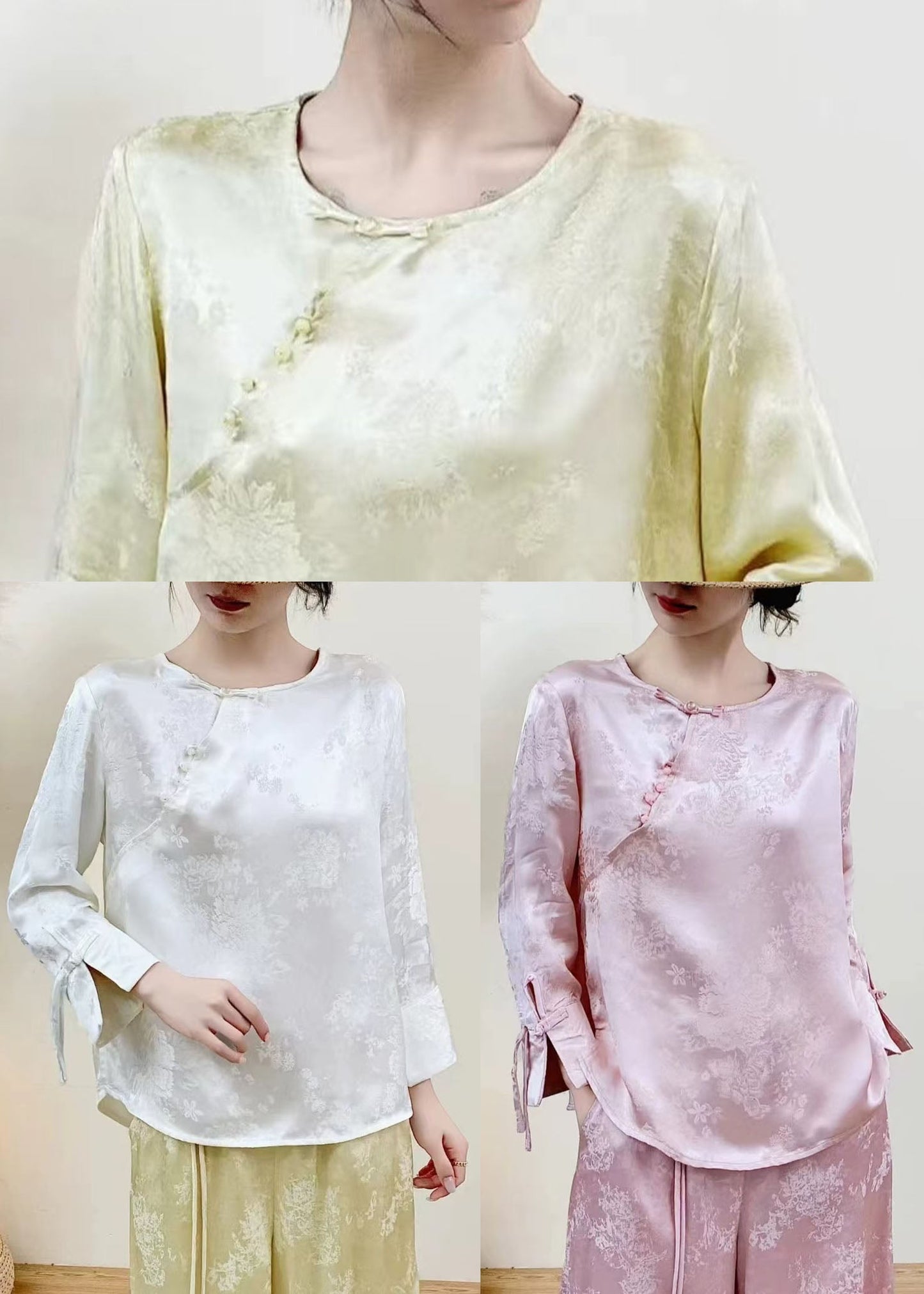Fine White Jacquard Chinese Button Silk Shirt Top Spring
