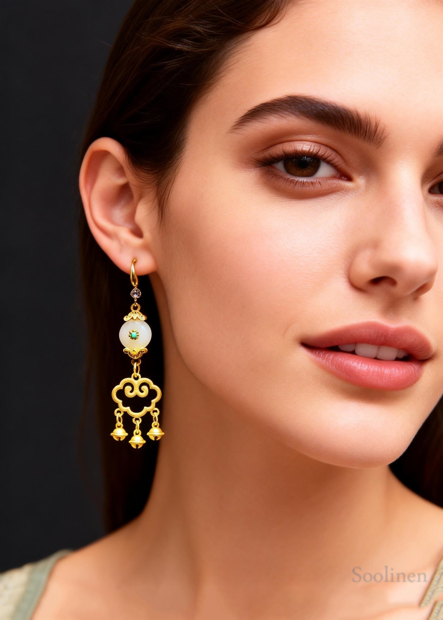 Fine White Jade Auspicious Clouds Small Bell Drop Earrings