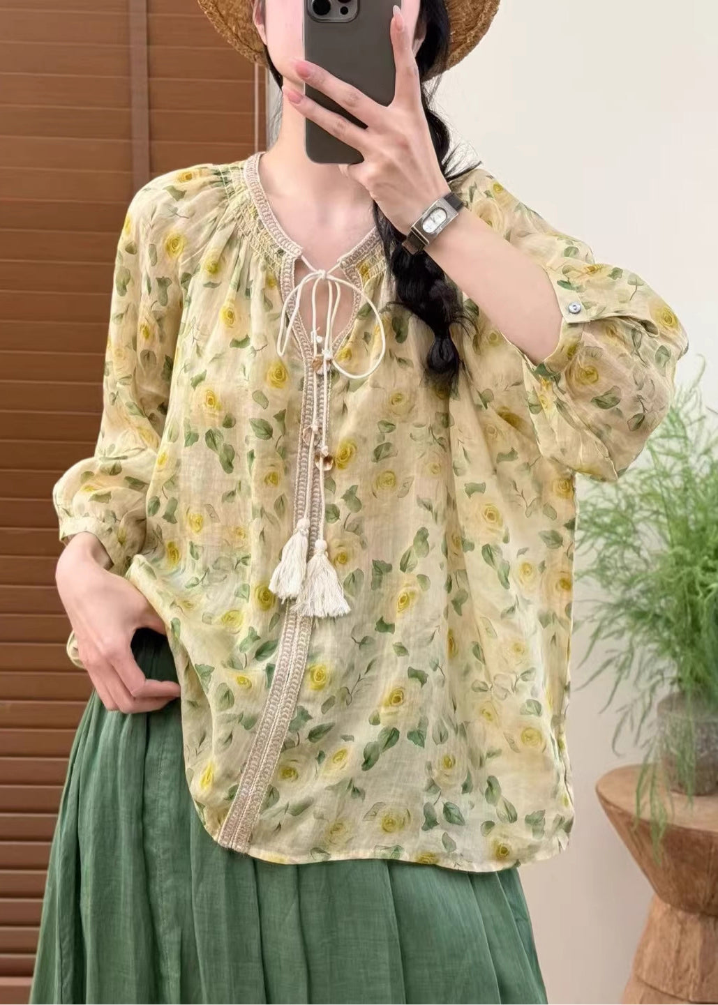 Fine Yellow Oversized Print Linen Shirts Bracelet Sleeve