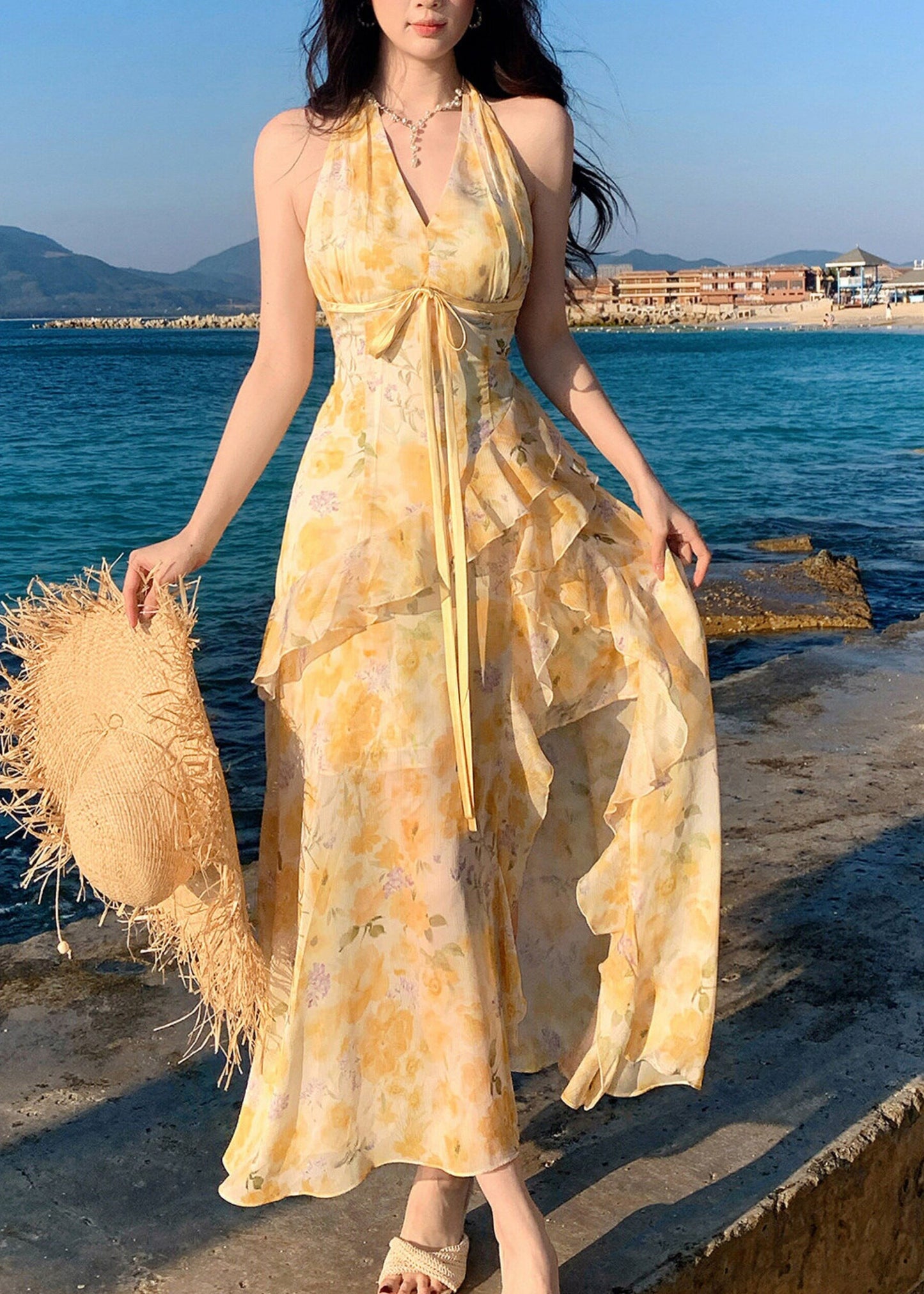 Fine Yellow Print Ruffled Tie Waist Long Dresses Sleeveless