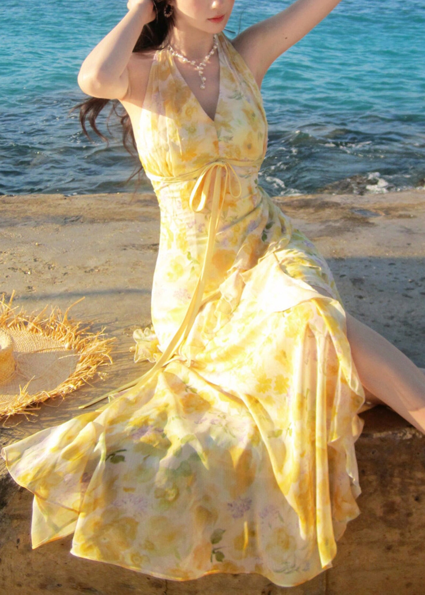 Fine Yellow Print Ruffled Tie Waist Long Dresses Sleeveless