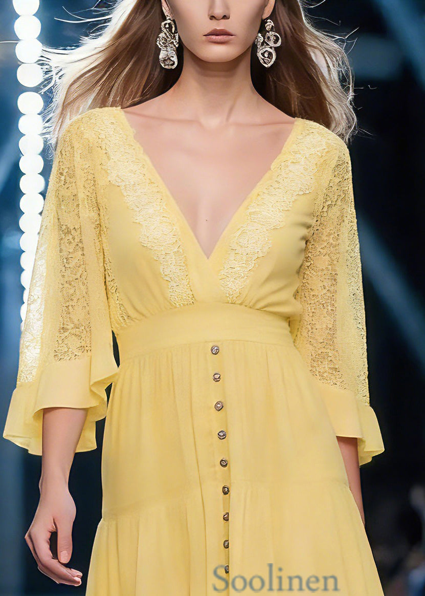 Fine Yellow V Neck Solid Mid Dress Batwing Sleeve