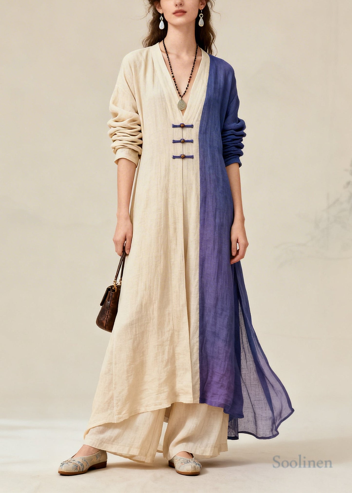 Fitted Beige Asymmetrical Patchwork Chinese Button Cotton Women Sets 2 Pieces Fall
