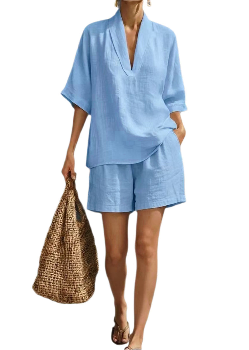 Fitted Beige V Neck Oversized Linen Two Piece Set Summer