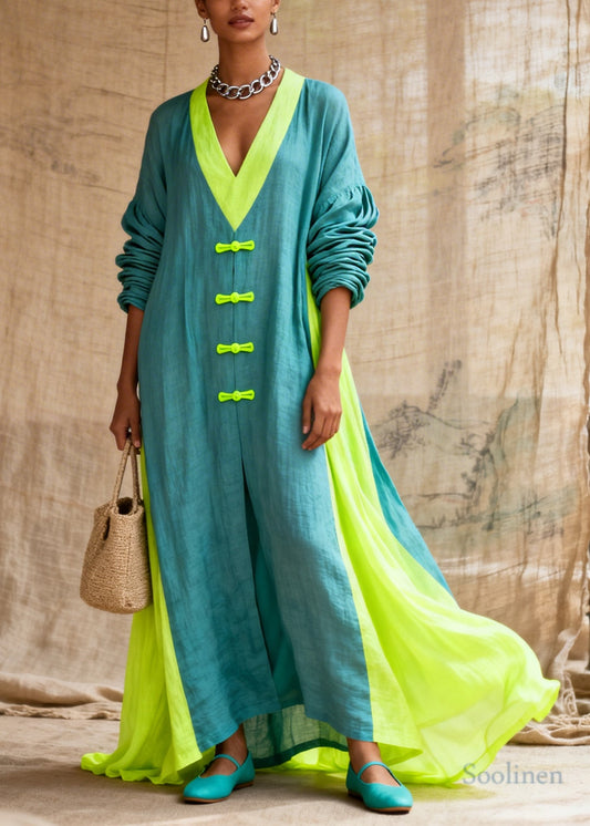 Fitted Blue Oversized Patchwork Chinese Button Cotton Maxi Dresses Fall